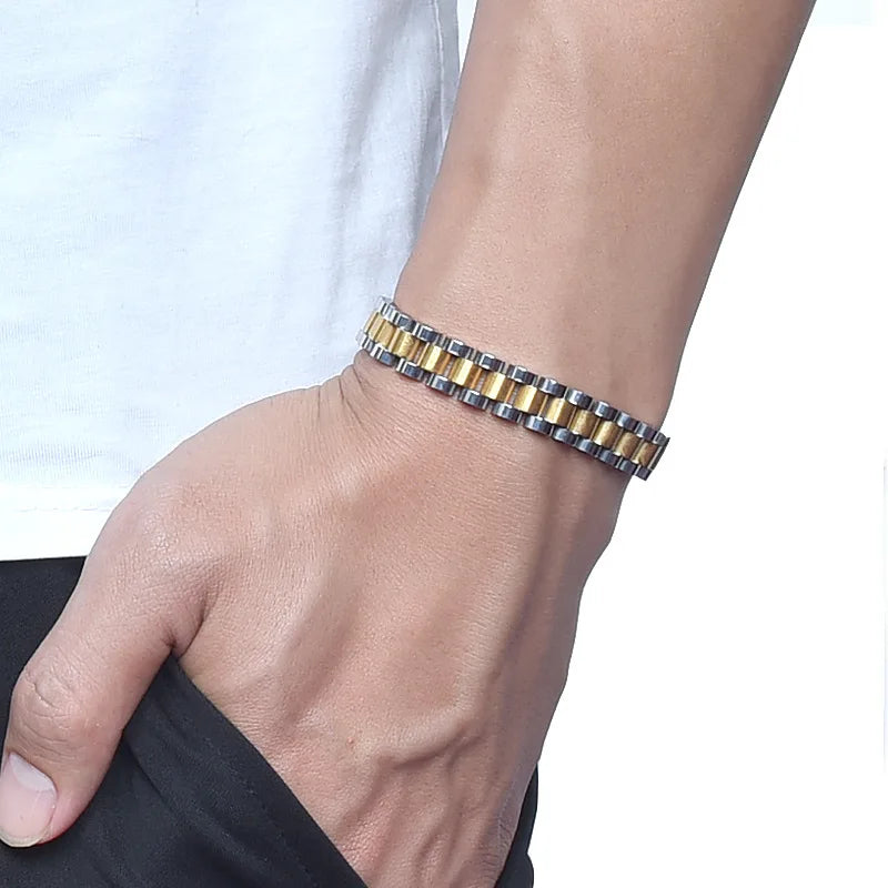 Fashion Classic Golden Men Stainless Steel Chain Link Watchband Bracelet Bangle Men Jewelry Accessory