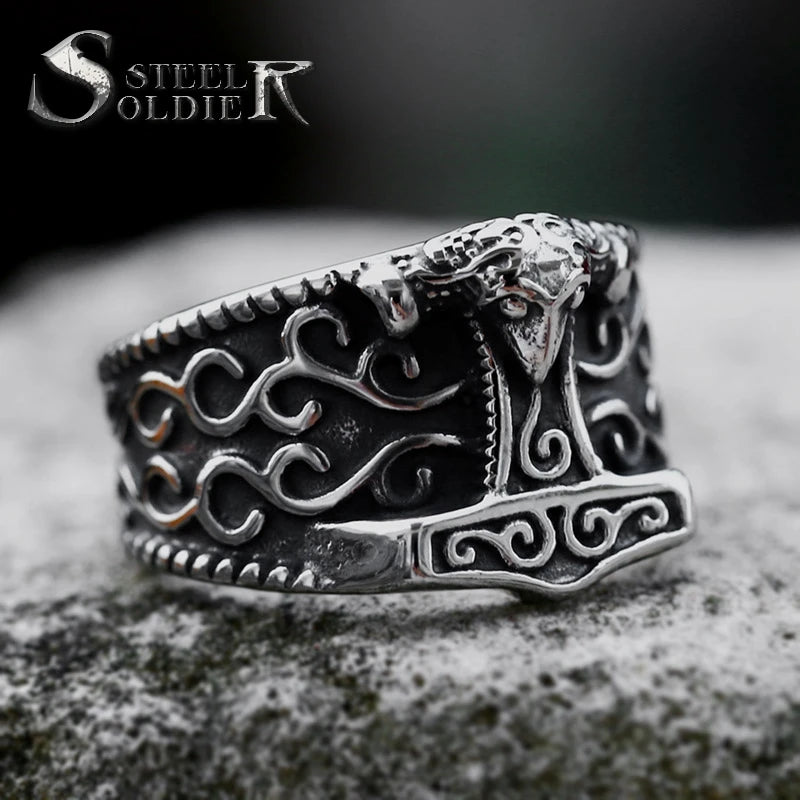 SS8-1233R 2023 New Arrival 316L Stainless Steel Viking Ring Nordic Mjolnir Thor's Hammer Ring for Men Vintage Jewelry Wholesale