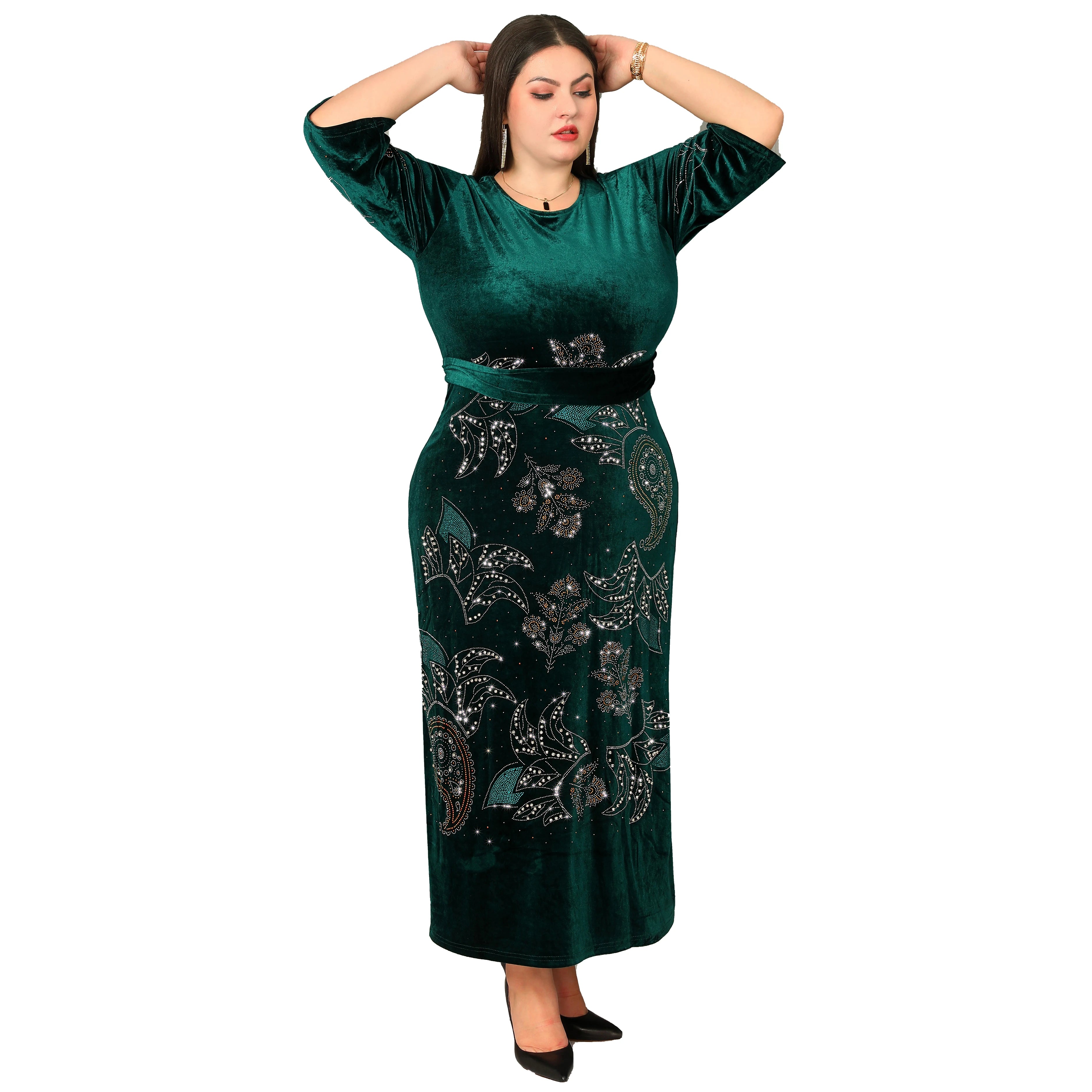 Muslim  Beauty Dress Luxury Abaya Temperament Print Dress With Diamond Robe Party Wear Plus SIze Middle East Ladies Fashion
