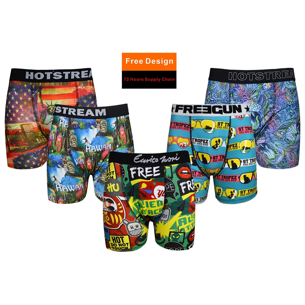 Custom Daily Wear Men's Underwear Polyester Digital Printing 5 Styles Knitted Soft Waist for Men Boxer Brief