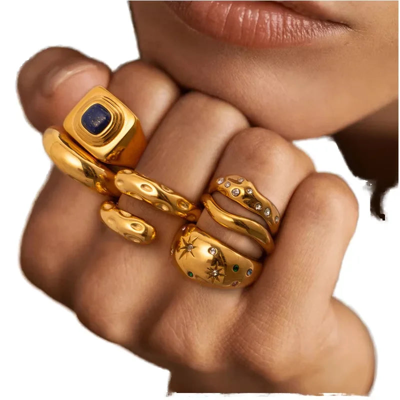 Fenyi Wholesale Jewelry Fashion Retro Light Luxury Simple 18K Gold-plated Stainless Steel Zircon Ring for Women