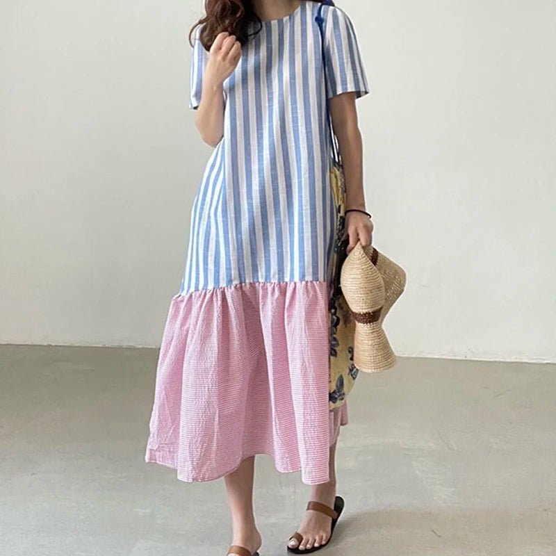 Wholesale 2026 Summer Small and Versatile Round Neck Stripe Contrast Panel Loose Knee Length Ruffled Women's Dress