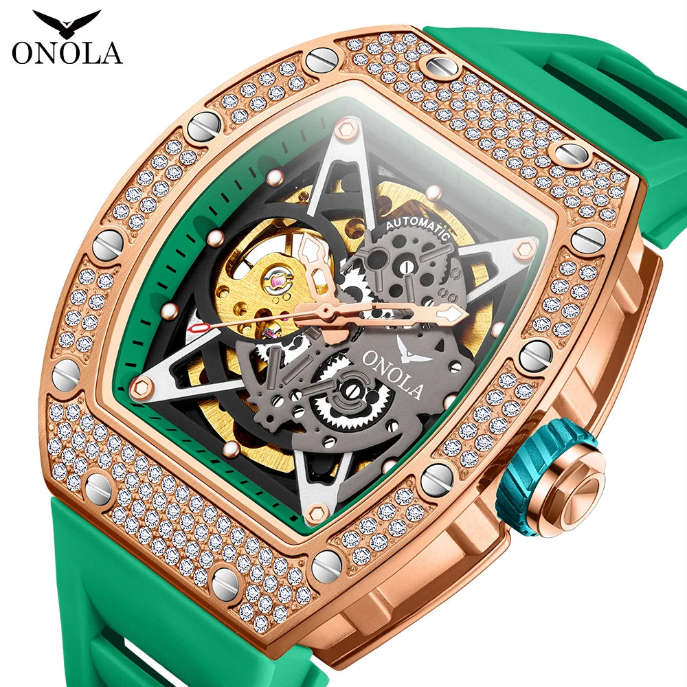 ONOLA Fashion Full Diamond New Watch Broadcast Automatic Mechanical Watch Men's Silicone Waterproof Luxury Personalized Clock