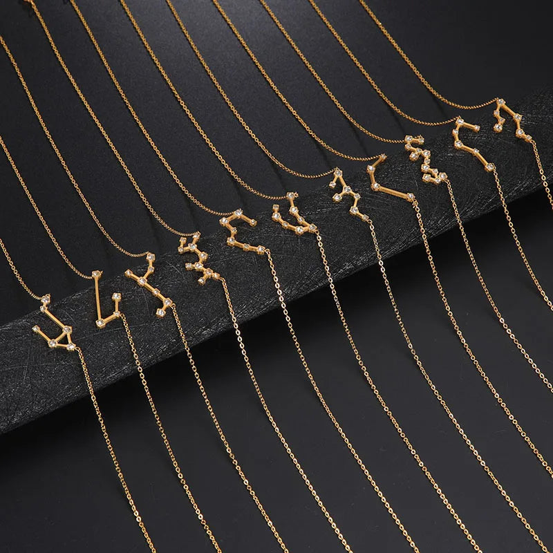 Fashion 12 Constellations Pendant Necklace Women Astrology Zodiac Symbol Charm Gold Necklace for Women