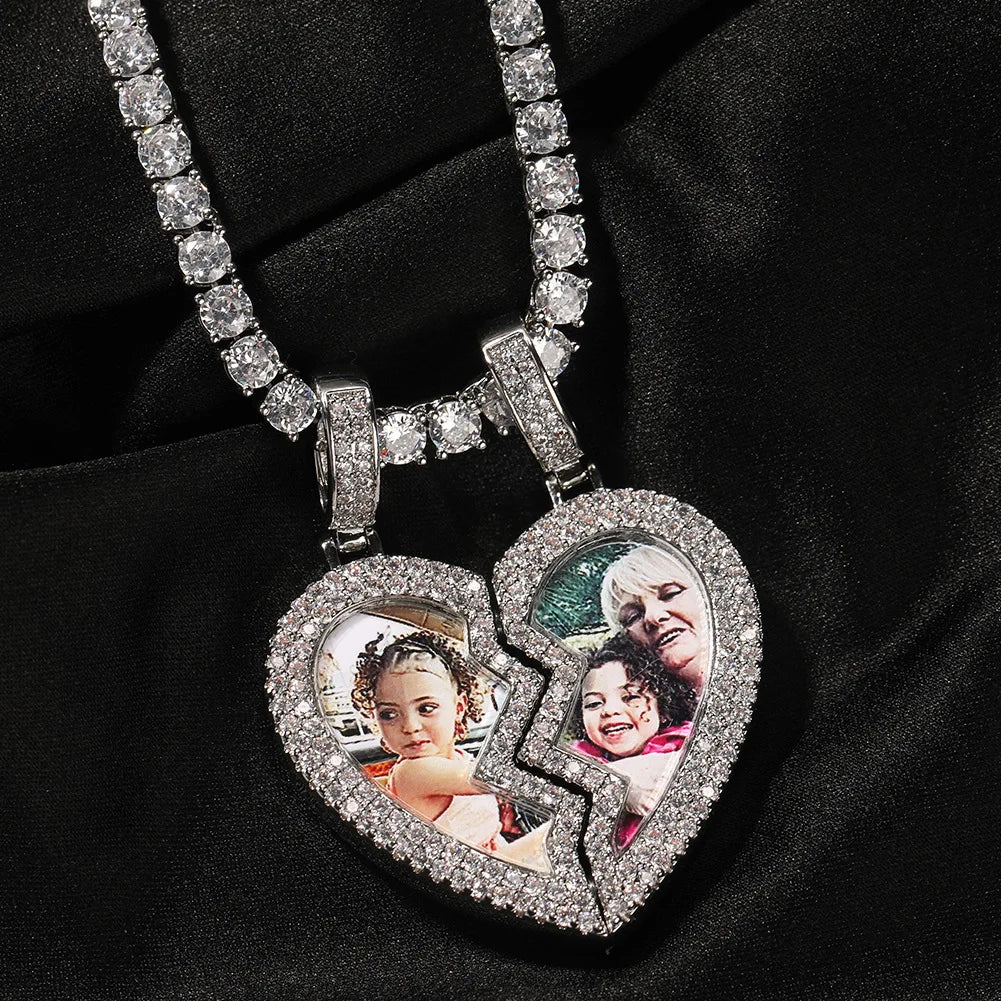 DAIHE Custom Picture Pendant Necklace Jewelry Broken Heart Couples Photo Iced Out Pendant Love Couples Pendant Necklace
