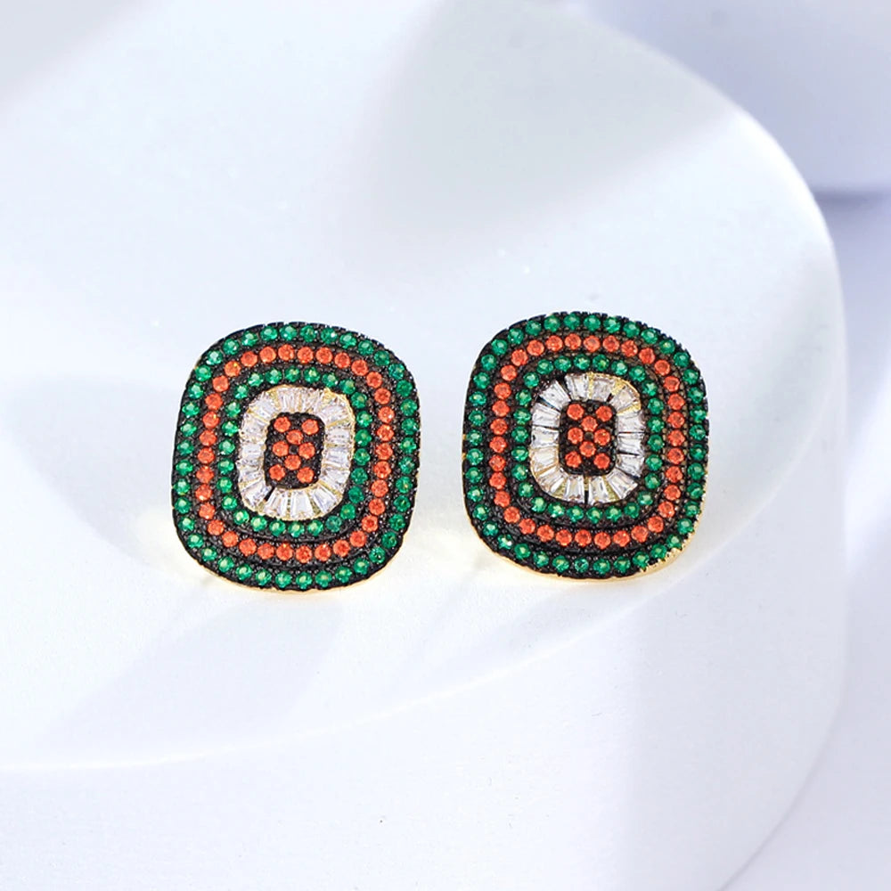Square Micro Pave Cubic Zirconia Boho Ethnic Style Green Big Stud Earrings for Women Luxury CZ Wedding Engagement Jewelry