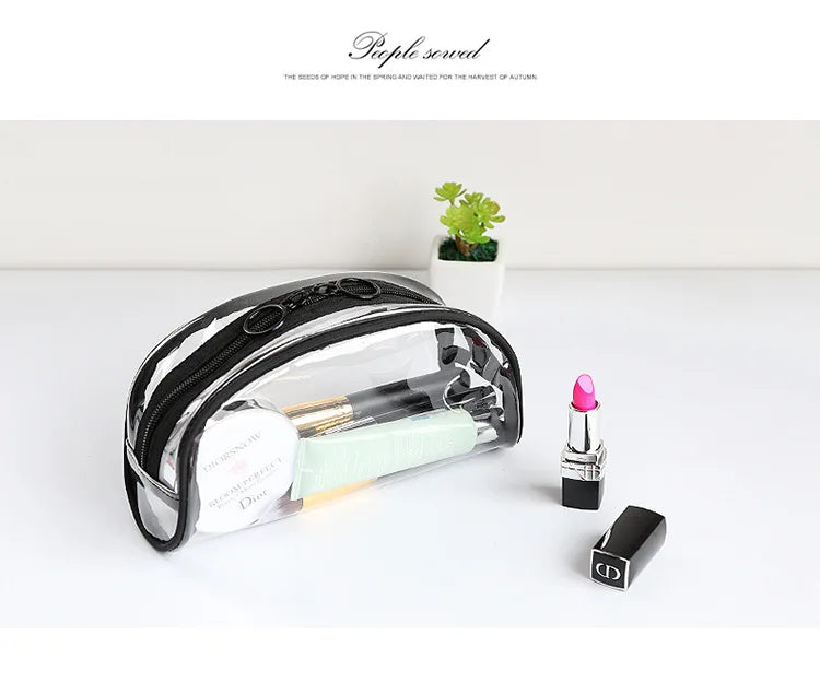 Women Waterproof Zipper Beauty Case Toiletry Bags Travel Half Moon Clear PVC Cosmetic Bag Makeup Bag