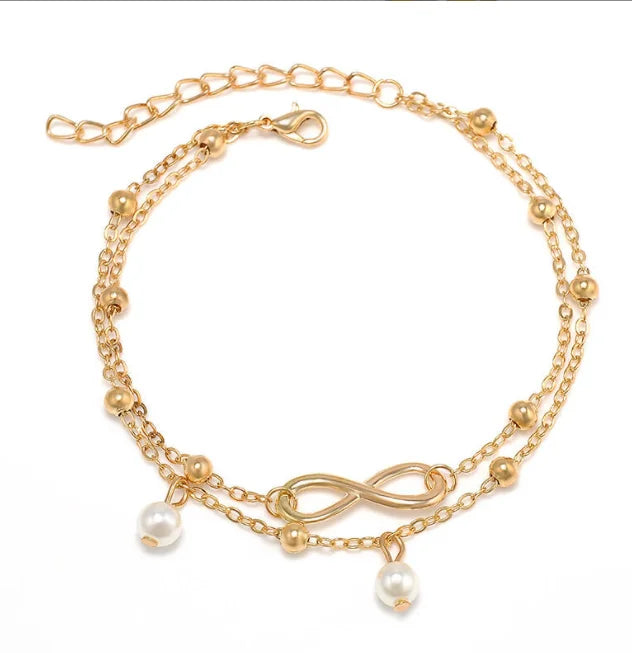 Fashion Hot Double Handmade String Diy Pearl 8 Number Alloy Anklet