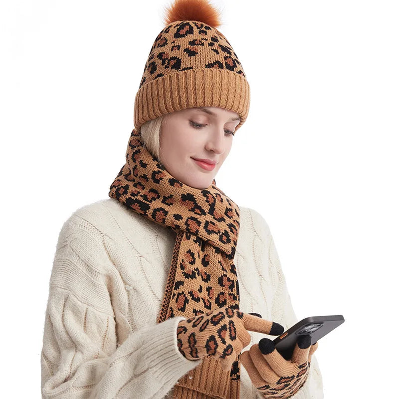 Ready to Ship 6 Colors Thickness Cotton Leopard Knitted Beanie Hats Cap Pom Pom Winter Hat Woman Scarf and Gloves Set