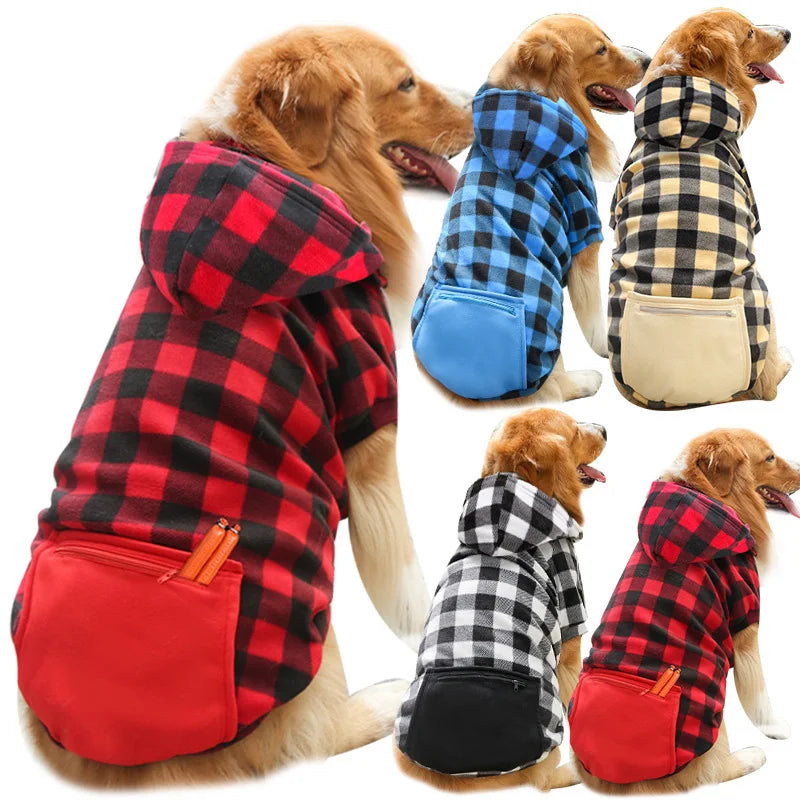 Wholesale Winter Solid Color Plaid Dog Hoodie Sweatshirt Zipper Pocket Big Dog Coat Hoodie Clothes for Small Medium Large Dogs