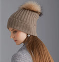 Custom Women Ladies Winter Warm Knitted Fashion GOAT CASHMERE Wool Hat With Large Genuine Real Fox Fur Pom