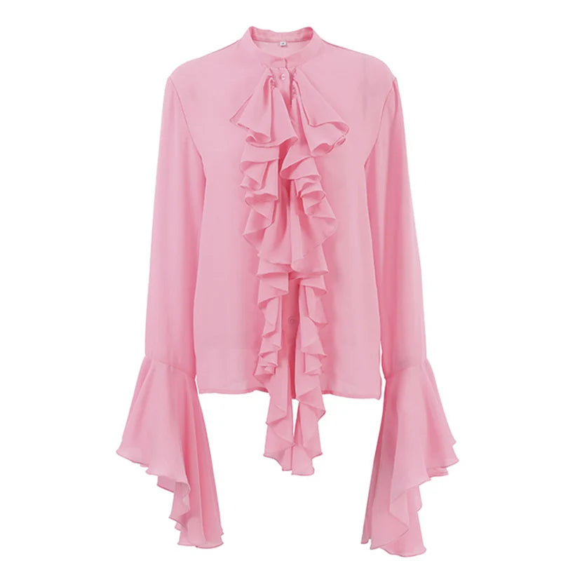 2025 New Arrival Women's Lotus Leaf Side Length Sleeve Top Solid Color Over-Sized Blouse Woven Summer Shirts