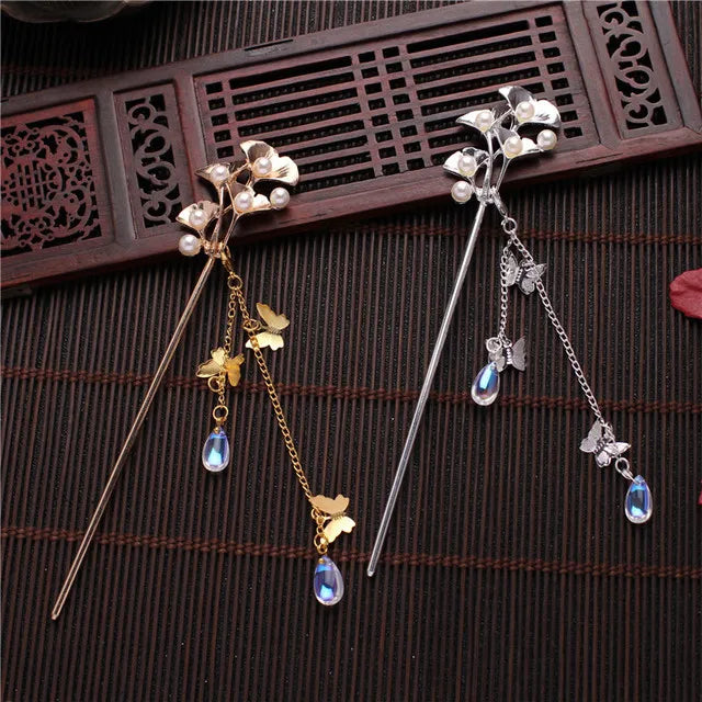Fashion Pearl Tassel Butterfly Hair Stick Direct Plate Hairpin White Bridal Headdress Hair Fork Jewelry Ornaments Chinese