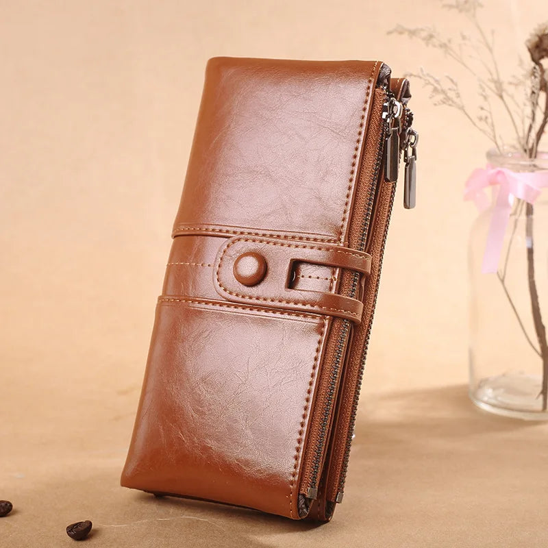 Hot Selling Retro Oil Wax Women's Long Bifolder RFID PU Leather Wallet with Zipper & Hasp Closure Chains and Polyester Lining