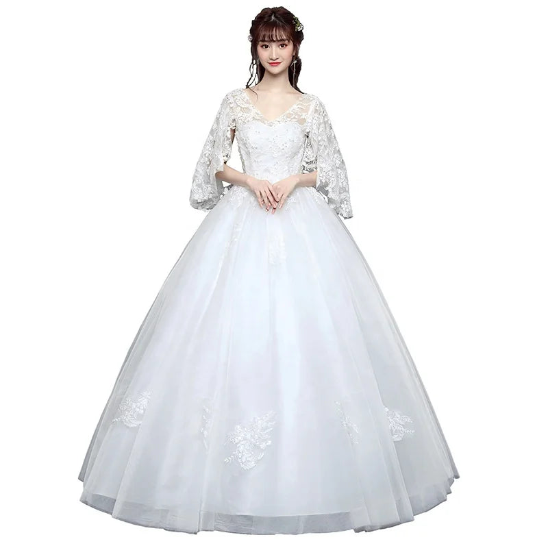 2022 Autumn and Winter New Plus- Size Female Wedding Dress One Word Shoulder Length Dress Weddings Dresses for Women