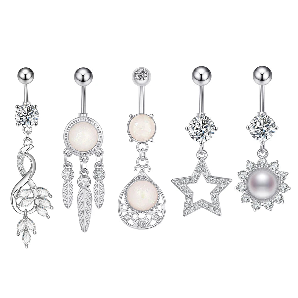 Set 10 Gold Plating Stainless Steel Opal Beach Belly Button Rings Five-Pointed Zircon Navel Piercing Jewelry for Kids Weddings