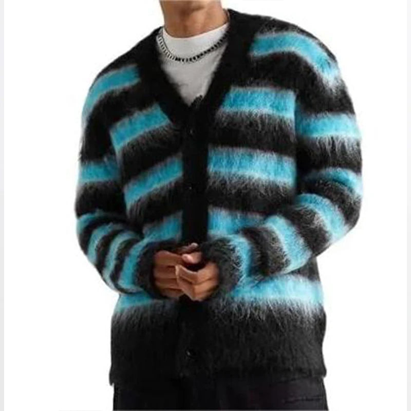 Custom Sweaters Men Mohair Fuzzy Sweatshirt Knitwear Long Sleeve Knit Autumn Winter Striped Mohair Cardigan Sweater