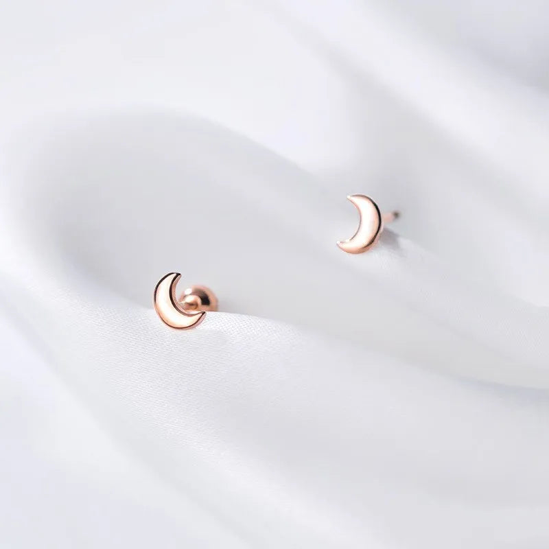 925 Sterling Silver Small Moon Shape Cute Earrings Rose Gold Plated for Ear Studs Fine Jewelry for Women Girls
