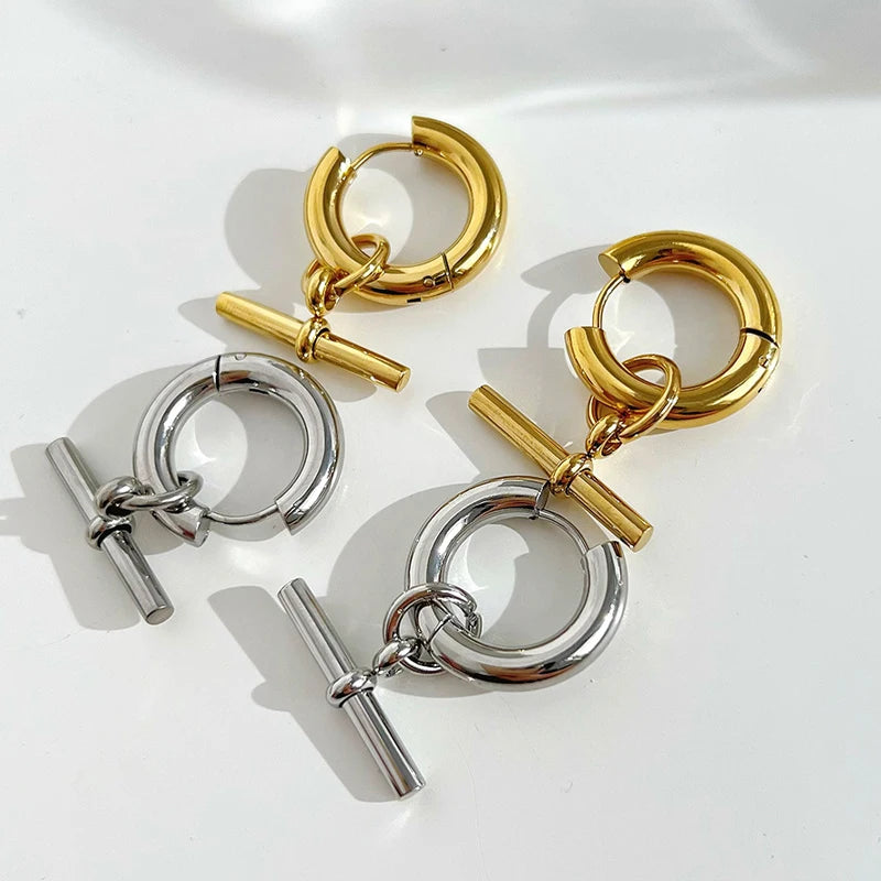 Minimalist Chunky Stainless Steel T-Bar Huggie Earrings Women 18k Gold Plated Big Dangle Drop Earrings Jewelry Gifts