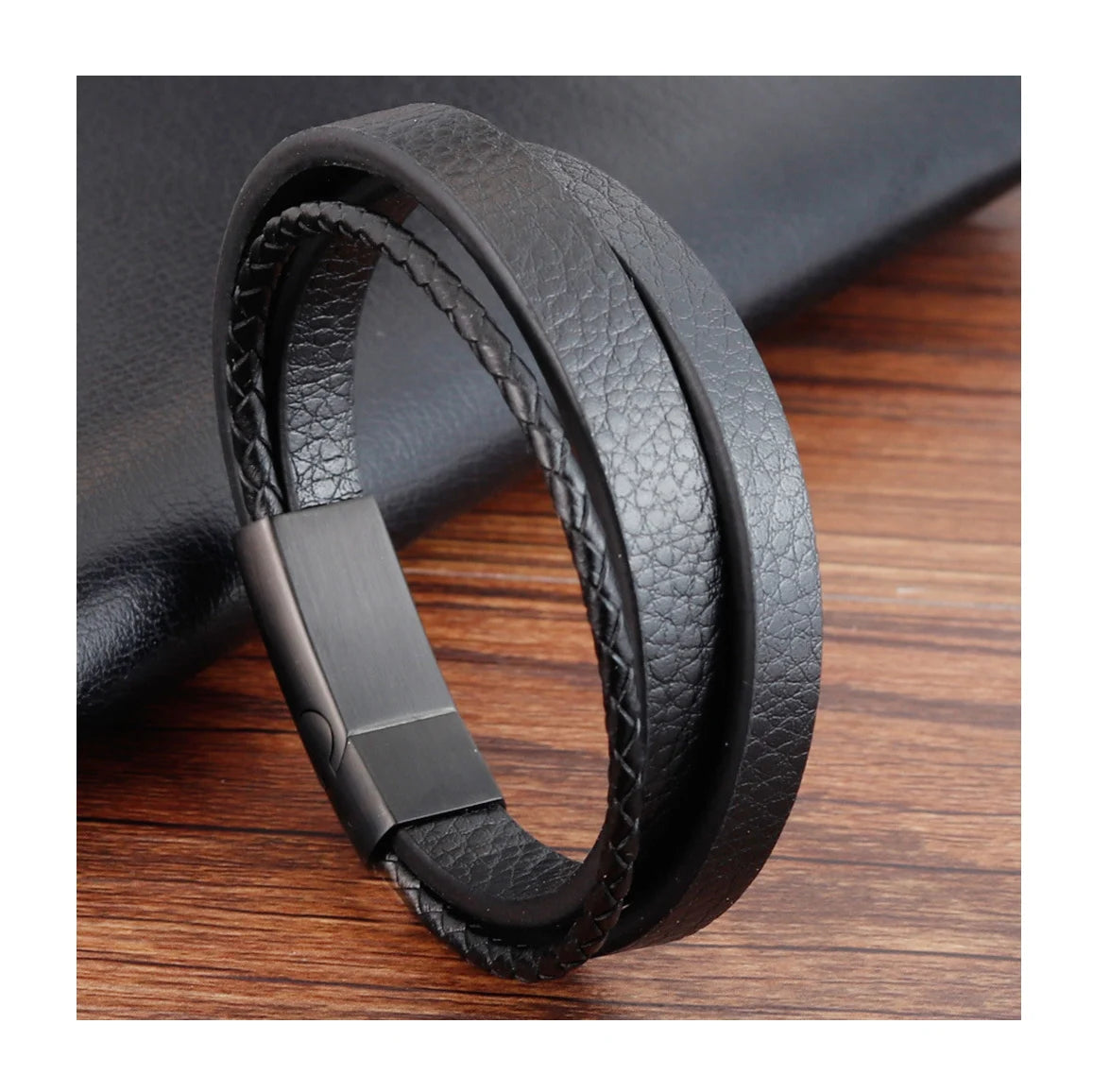 Men Luxury Cuff Multilayer Leather Cord Magnetic Bracelet Black Titanium Stainless Steel Pure Opp Bag Hand Bracelet OT-063