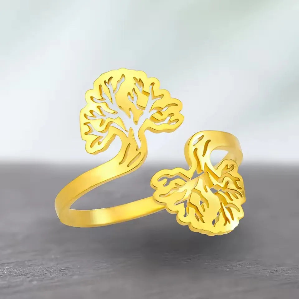 Tree of Life Adjustable Ring  Double Tree Cut Out Design Resizable Ring  Stainless Steel Spiritual Jewelry