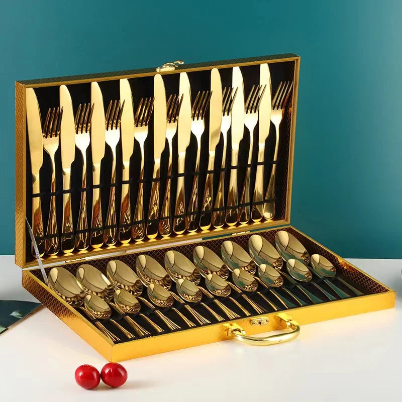 Chengli High Quality 36pcs 24pcs Stainless Steel Spoon and Fork Flatware Set Dinner Silverware Gold Cutlery Set With Wooden Box