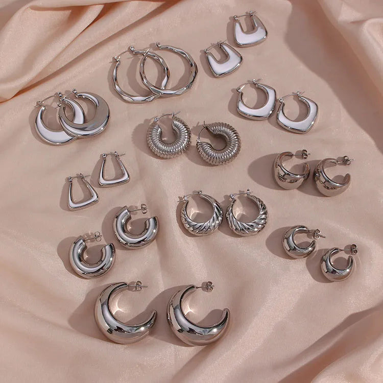 G2004 Waterproof Huggie Earrings Stainless Steel Jewelry Silver Croissant Chunky Hoop Earrings for Women