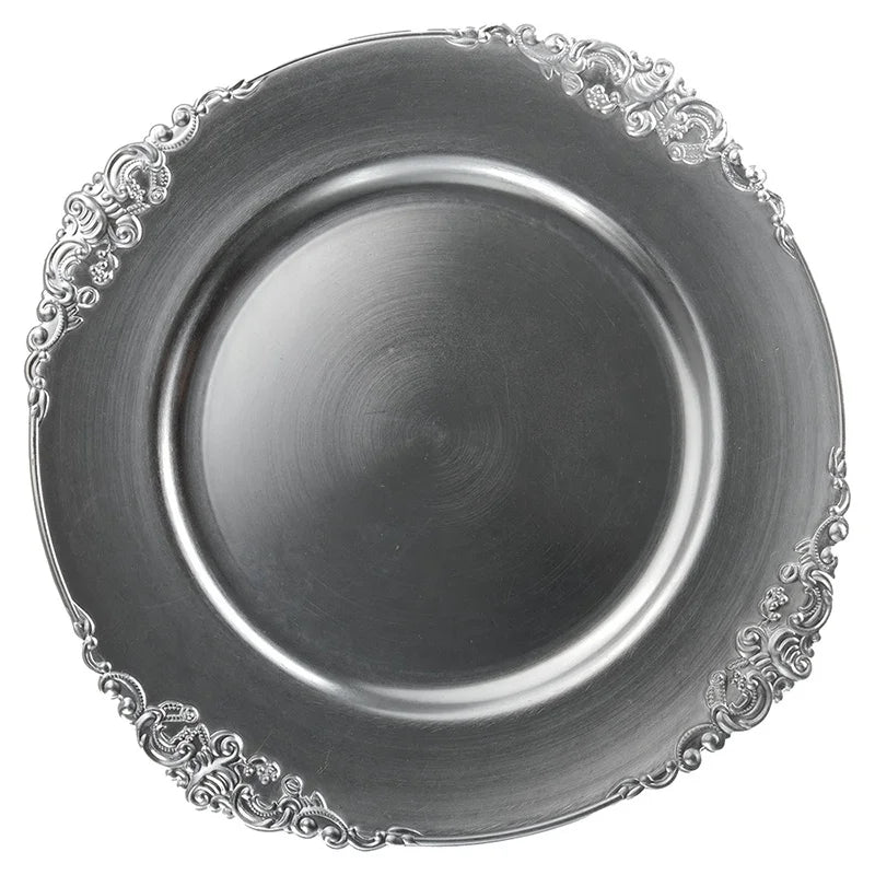 Custom Antique Round Plastic Victorian Chargers Plates with Embossed Rim for Dining Serving Table Dinner Supplies