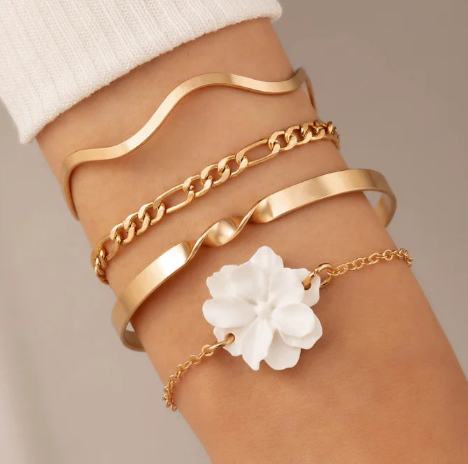 White Camellia Chain 4-layer with Alloy Geometric Openings Bracelet Set