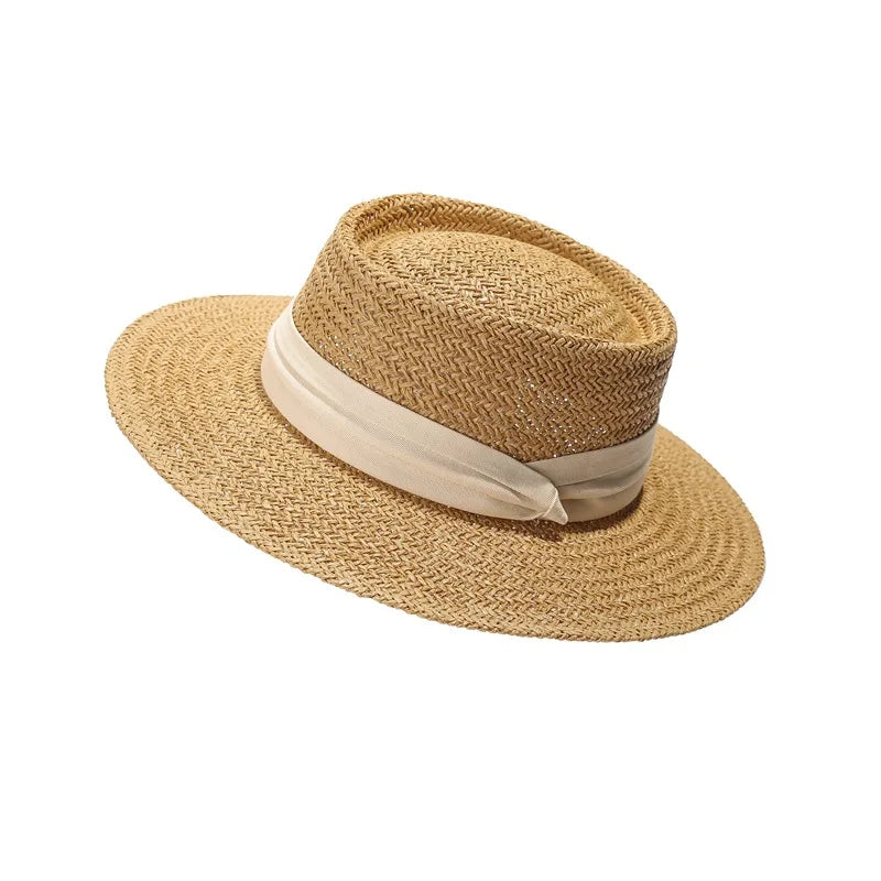 WoZhen Colorful Ribbon Woven Lafite Grass Caps Flat Top Skimmer Boater Hat Wholesale Straw