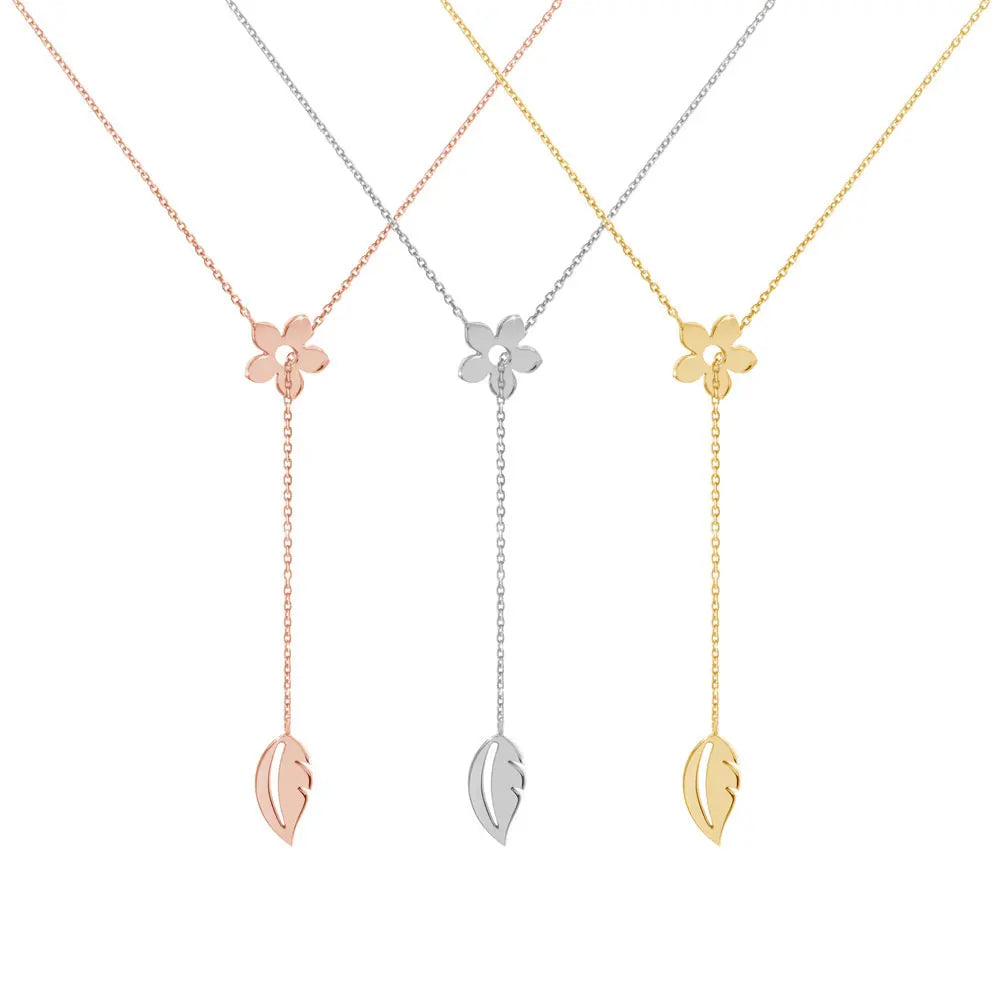 Stainless Steel Necklaces Custom Exquisite Elegant Flower Leaf Pendant Necklace Woman Adjustable Jewelry Lariat Y Necklace