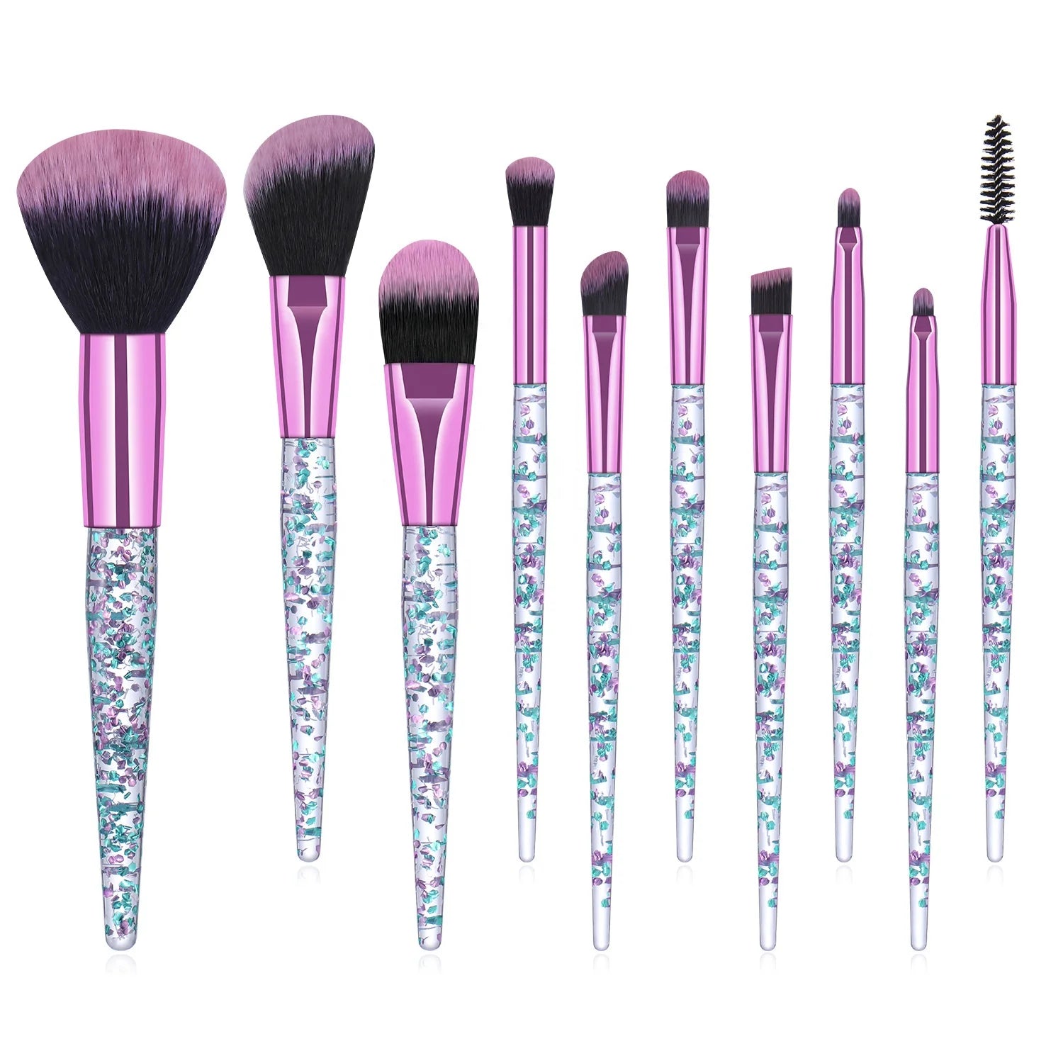 High Quality 10pcs Acrylic Handle Glitter Makeup Brush Set Custom Logo Liquid Makeup Brushes for Face & Concealer