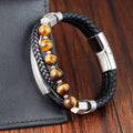 New Arrival Tiger Eye Stone Leather Bracelet Stainless Steel Magnetic Clasp Men's Braided Genuine Leather Bracelet Beaded
