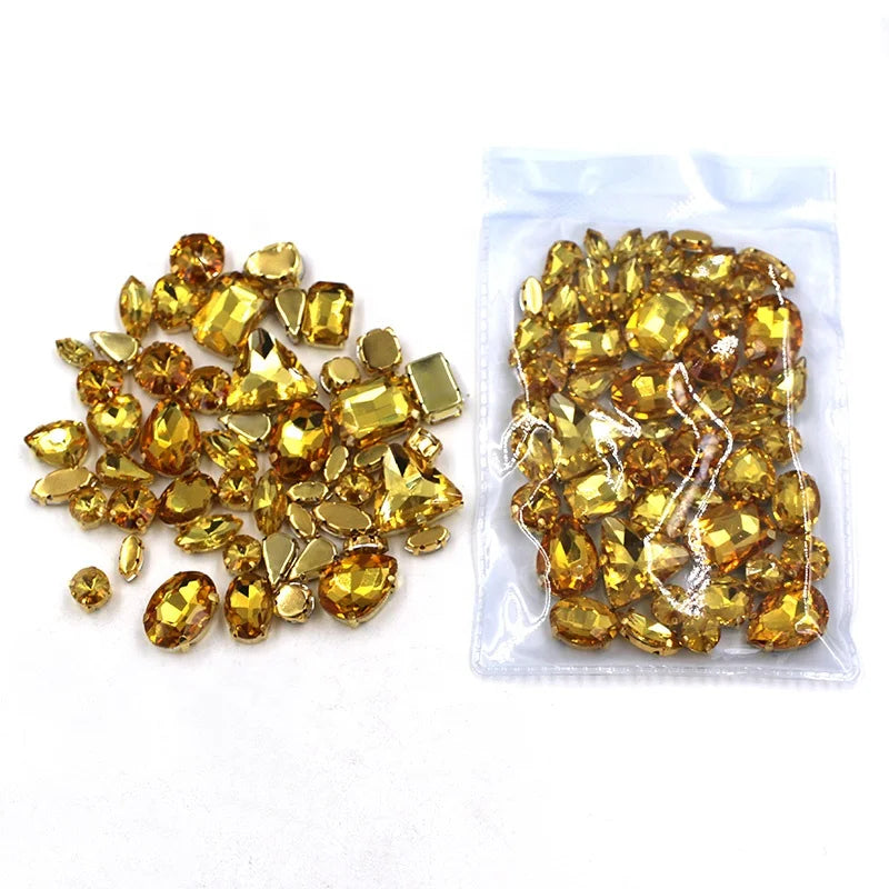 Mixed Shape Golden Yellow Color Crystal Glass Mixed Claws Rhinestones with Gold Claw for Dressing Decoration