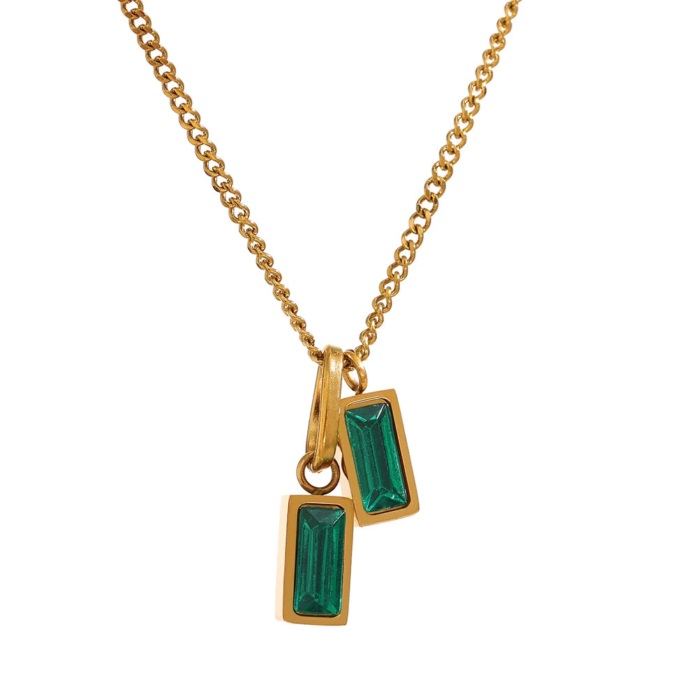 JINYOU 583 Statement 18K Gold Plated Collar Necklace Stainless Steel Green Zircon Pendant Necklace