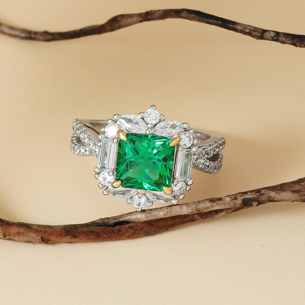 925 Silver Emerald Ring Diamond Zircon Gold Plated Platinum Jewelry for Engagement or Gift Casual Style Setting