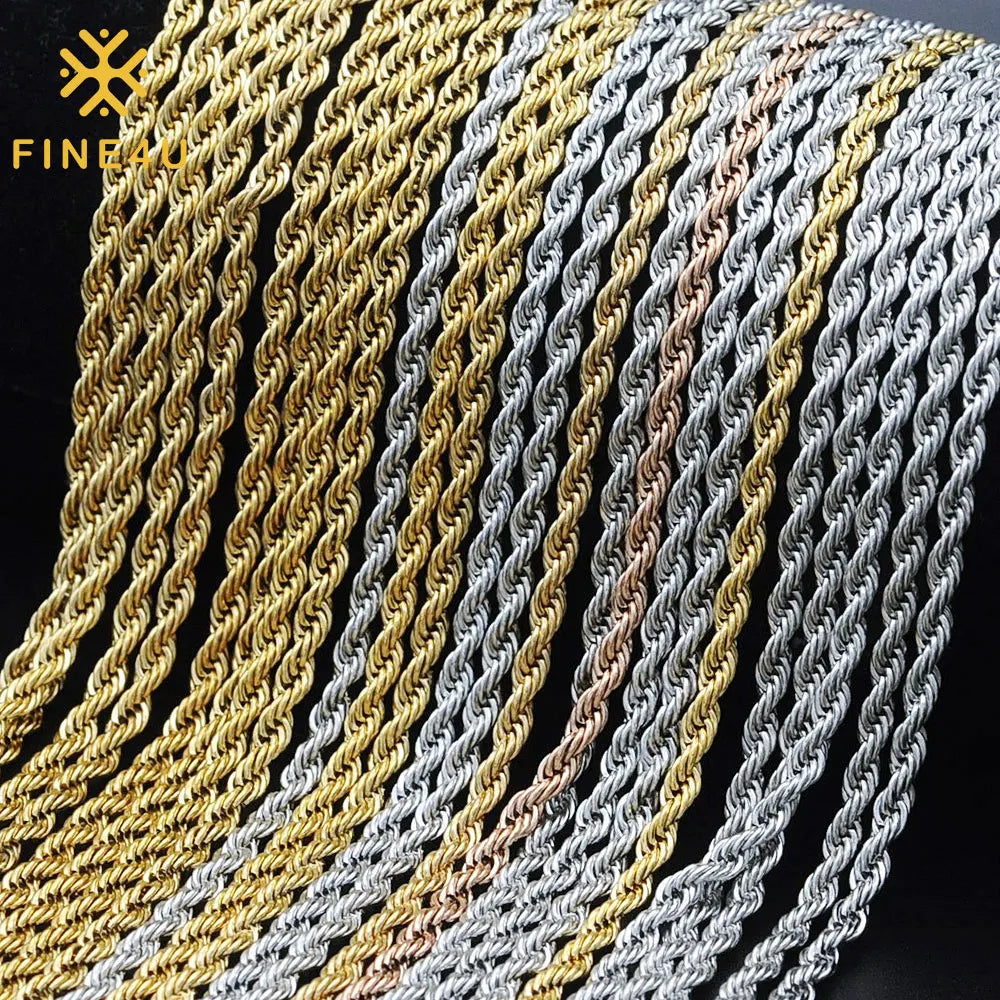 Wholesale Jewelry Bulk Tarnish Free Accessories Hip Hop Stainless Steel Rose Gold Plated Twisted Rope Chain Necklace