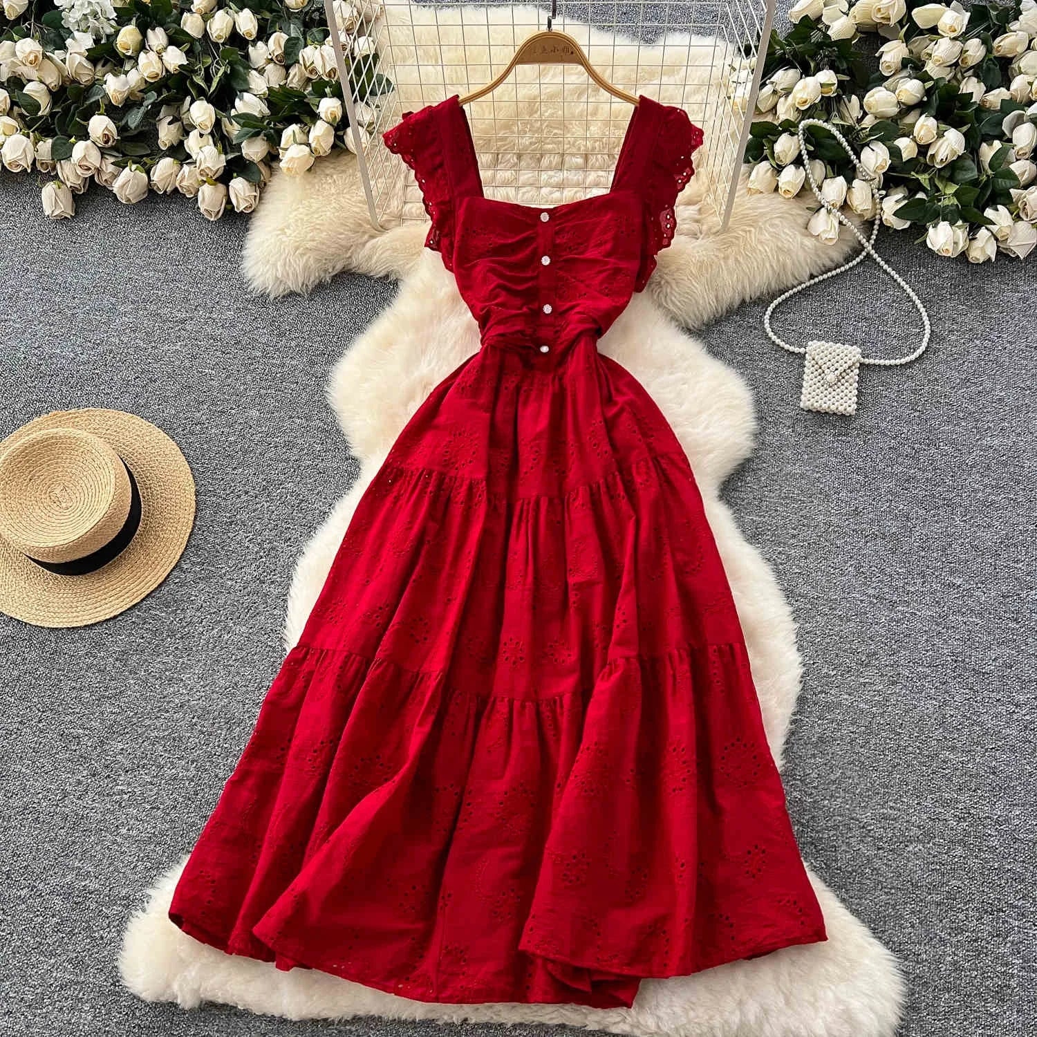 Hot Style Holiday Dress Beach Square Neck High Waist Slimming Ruffle Dress