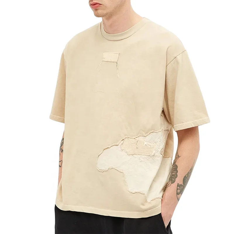 Fashion 100% Cotton Round Neck Oversized Men T Shirt Heavyweight Patchwork Distressed T Shirts