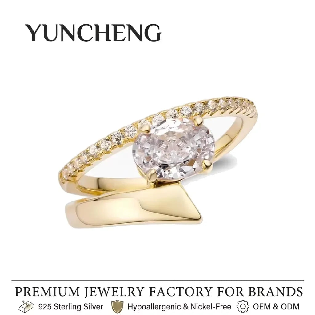 925 Sterling Silver 18K Gold Plated Oval 5A 8A Cubic Zirconia Ring Elegant Women Fashion Jewelry for Bridal Wedding Daily Wear
