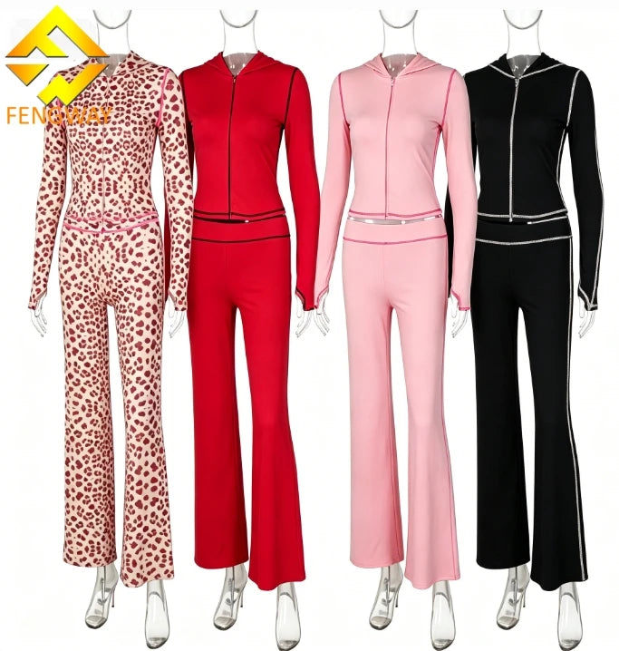 2026 Trend Spring Women's Sets Custom Leopard Zip up Hoodie Set 2 Piece Flare Pants Set for Women Tracksuits MegaBDM
