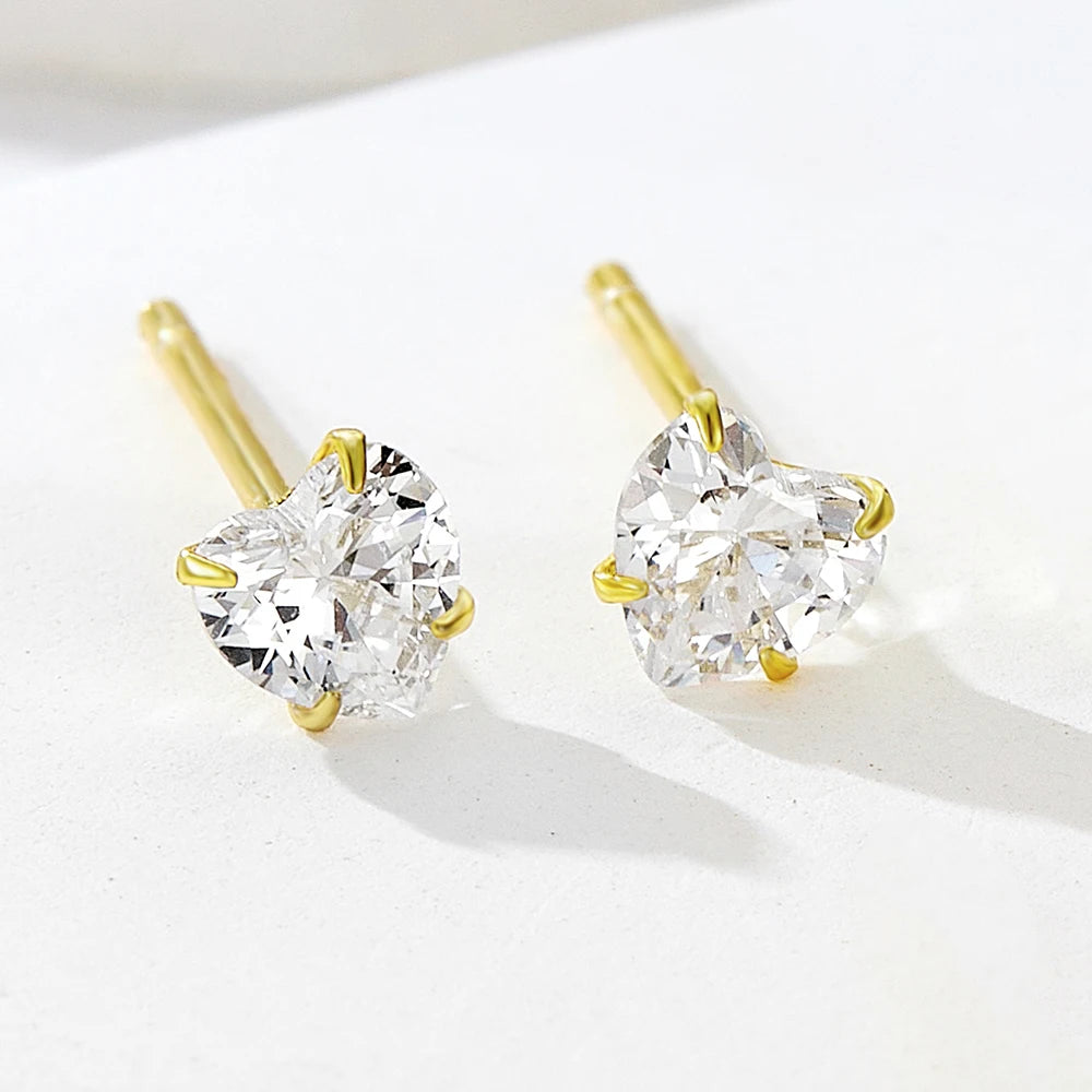 Factory Wholesale Sparkling Clear Zircon Gold Plated Fashion 925 Sterling Silver Jewelry Statement Heart Stud Earrings for Women