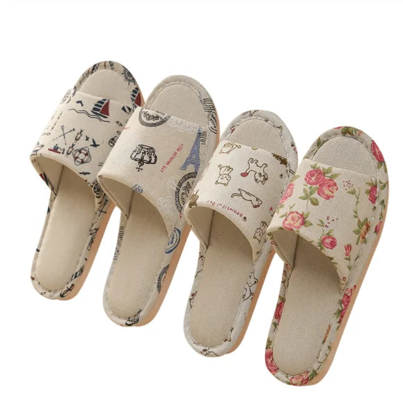 Women Casual Floral Indoor Home Slippers Flower Soft Slippers Spring Autumn Flip Flops Female Linen Slides Slippers