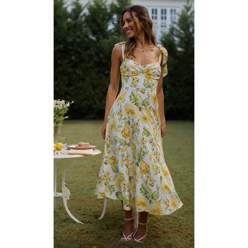 Women's Summer New Sleeveless Print Lace up High Waist Dress