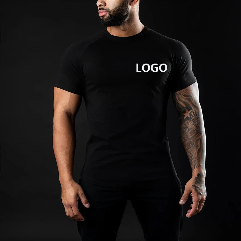 Custom Logo Men's Gym Cotton T-Shirt Quick Dry Short Sleeve Fitness Body Building Sportswear High Elasticity Print Tshirts