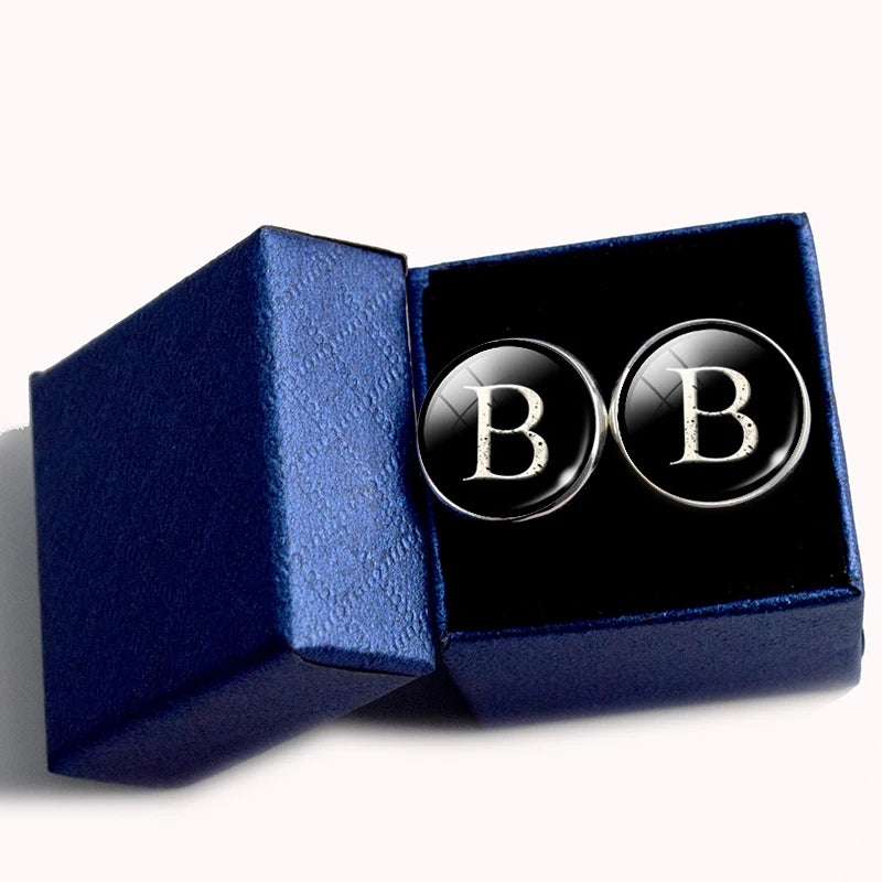 Wholesale Classic Black 26 LETTERS Initial Cuff Links 16mm Glass Dome Crystal Shirt Accessories for Men for Weddings Engagements