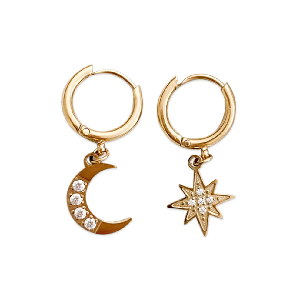 316L Stainless Steel Trendy Simple Asymmetric Crescent Moon Star Shape Zircon Pendant Hoop Stud Earring 14K Gold Plated/Silver