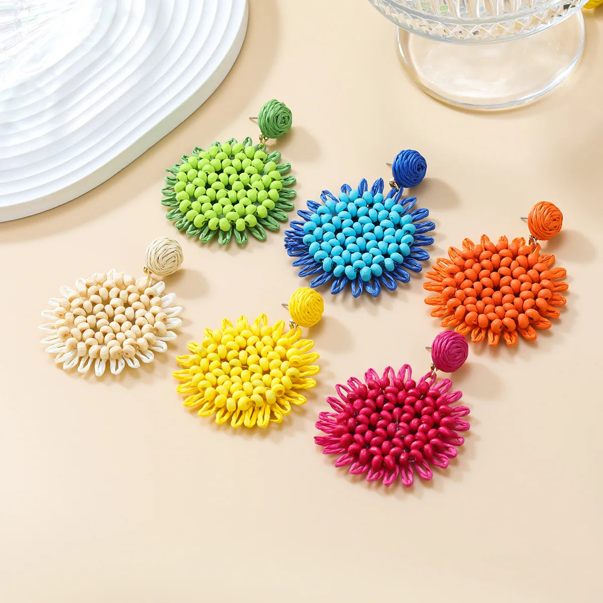 Summer New Raffia Earrings European and American Earrings Women's Round Flower Woven Earrings Bohemian Accessories