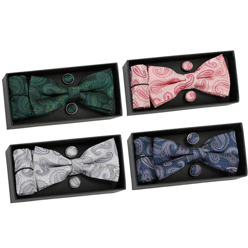 Custom Bowtie Set for Men Bow Ties Pocket Square Cufflinks 4pcs Suit for Man Accessories Bowties Gift Box Silk Butterfly Cravat