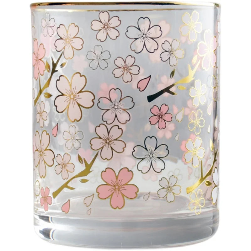 Japan Style Cherry Blossoms Drink Tea Glass Cup With Gold Rim Line